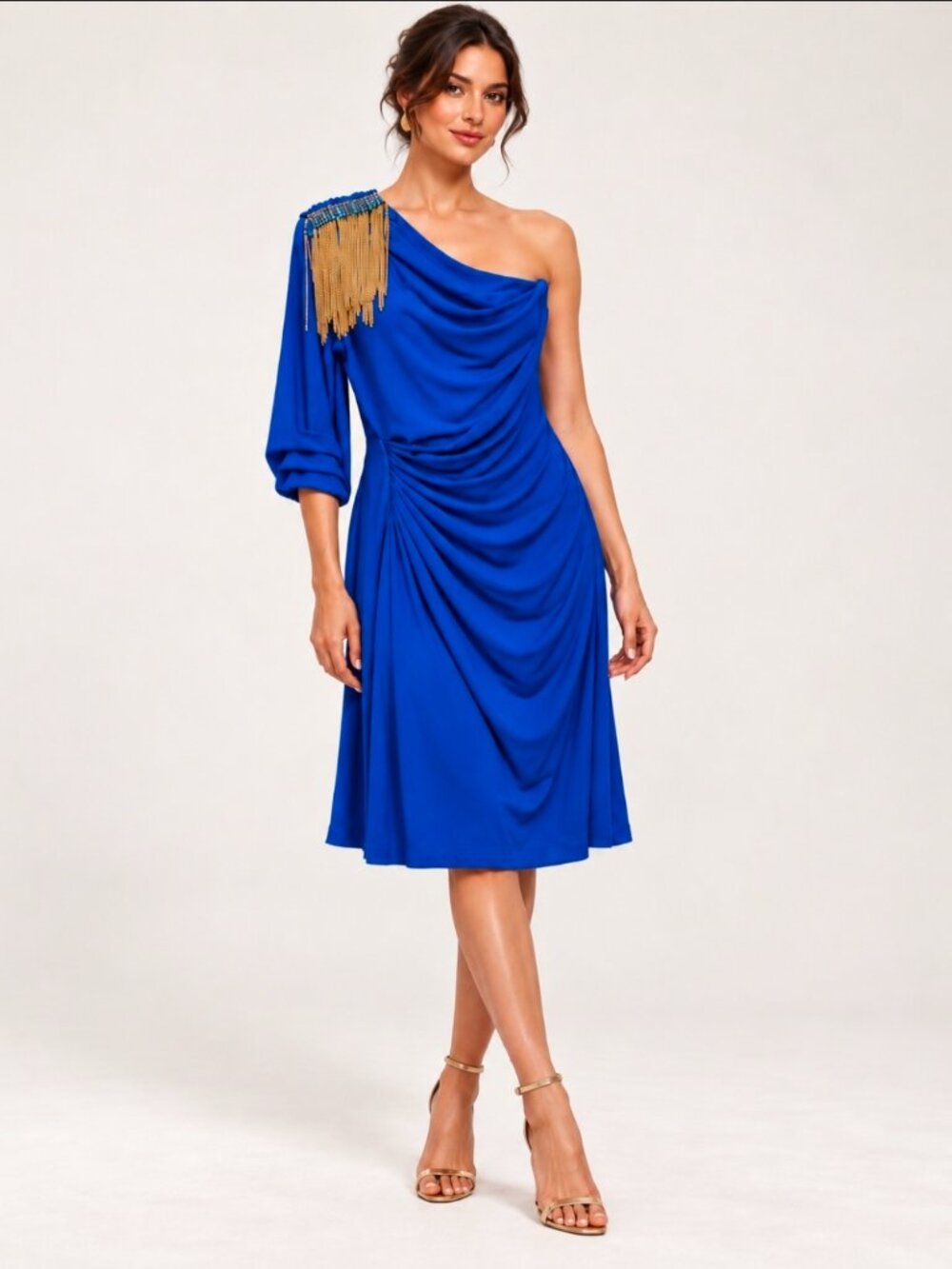 Ranna Gill Royal Blue One Shoulder Chain Fringe Draped Dress Size M